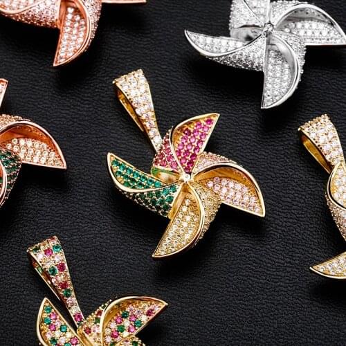 Spinner Pinwheel Pendant Necklace Multicolor Cubic Zircon Mens Necklace Fashion Rap Hip Hop Jewelry