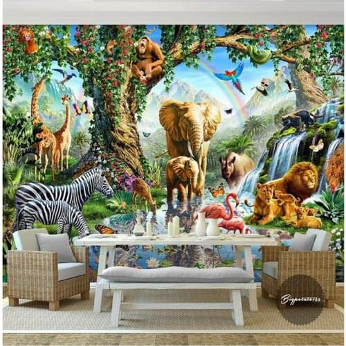 Custom photo wallpaper 3d wall murals Cartoon Big elephant zebra lion river animal world children painting wall decor Waterproof