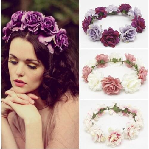 1PC Bohemia Bride Women Flower Crown Hair Band Wedding Floral Headband Garland Ribbon Bow Girl Flower Wreath Elastic Hair Access
