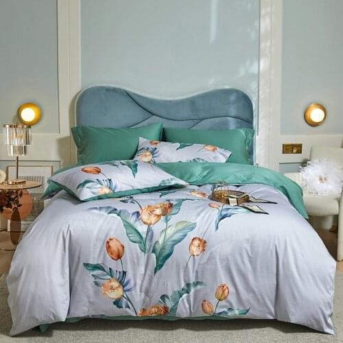 Luxury Cotton Bedding Set Satin Duvet Cover Set Bed Linen Fitted Sheet Pillowcases Home Textile King Queen Size 4PCS