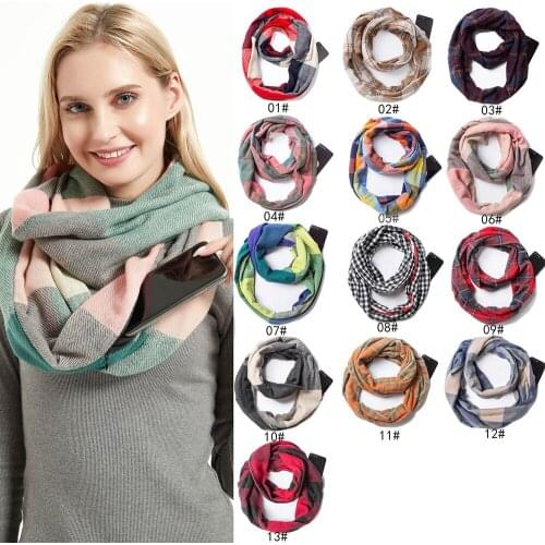 Travel Scarf With Zipper Pocket Knitting Plaid Tartan Scarves For Women Girls Ladies