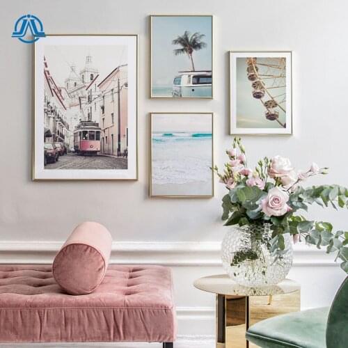 Scandinavian Landscape Sea Beach Canvas Poster Pink Bus Alley Minimalist Nordic Wall Art Print Painting Tropical Decor Pictures