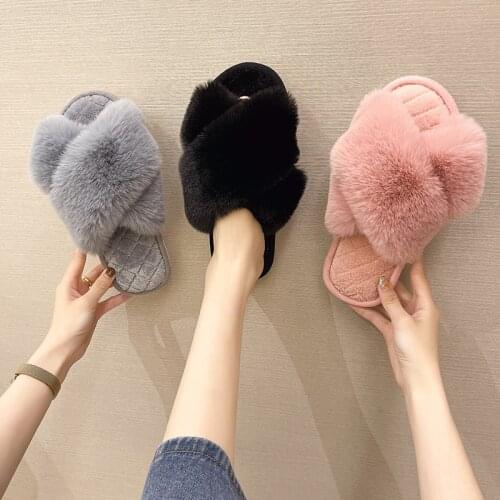 Warm Winter Women House Slippers Faux Fur Shoes Female Slip On Flat Slides Grey Pink Cozy Home Furry Slippers Indoor Lady PW106