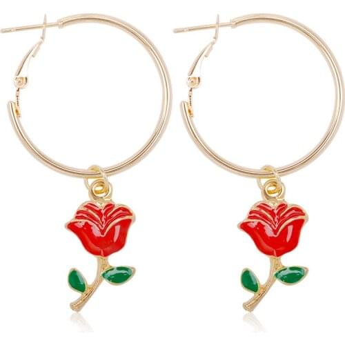 Vivid Red Rose Flower Pendant Silver Plated Golden Big Circle Women Metallic Hoop Earrings