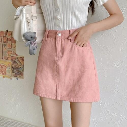 Ailegogo Spring Summer Women Classic Solid Color A-line Denim Skirts Casual Female Elastic Waist Ladies Pink Black Jeans Skirt