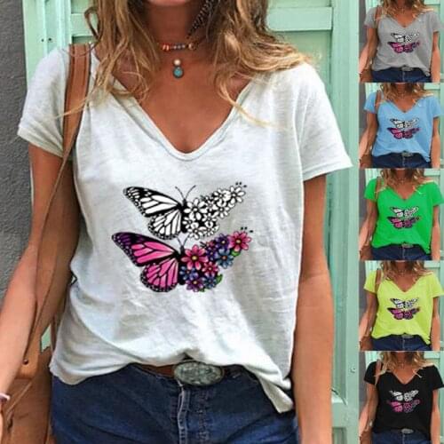 Womens Solid Color Plus Size Tops Butterfly Printed Casual Loose V-Neck Short Sleeve T-Shirt