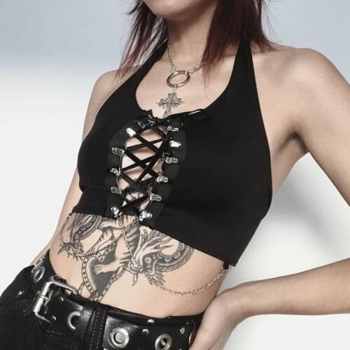 Academia Halter Crop Tops For Women Gothic Front Lace Up Tank Tops 2021 Summer 90s Punk Style Chic Chian Tops