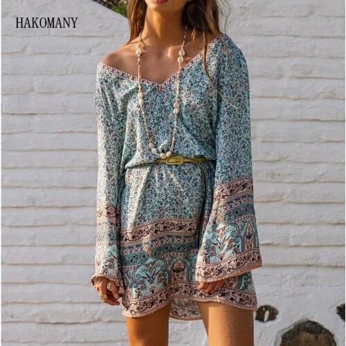 2020 Women V neck Location Floral Print Dress Summer Holiday Flare Long Sleeve Loose Mini Short Dresses Straight Vestidos