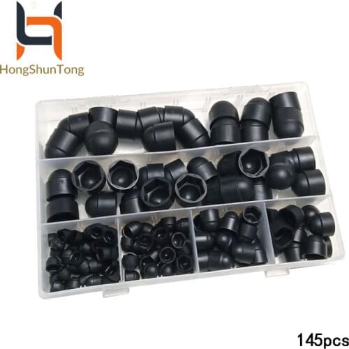 145pcs/box Plastic Dome Nut & Bolt Covers M4 M5 M6 M8 M10 M12 KIT Black Hex Screws Bolt Cover Kit with Box