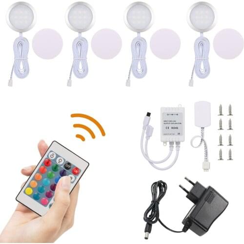 4PCS Slim Round Shape RGB LED Cabinet Light Kit Brightness Adjustable Remote Control for Kitchen Ceiling light