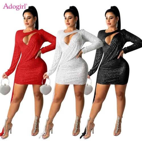 Adogirl Ribbon Sequins Women Sexy Mini Dress Christmas Party Robe Hollow Out Long Sleeve Bodycon Club Vestidos Female Outfits