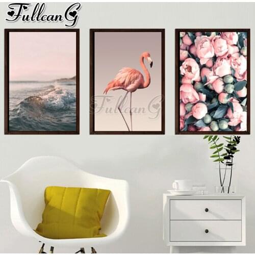 FULLCANG 5d diy diamond embroidery seascape flamingo pink flower diamond painting triptych full square round drill decor FC3299