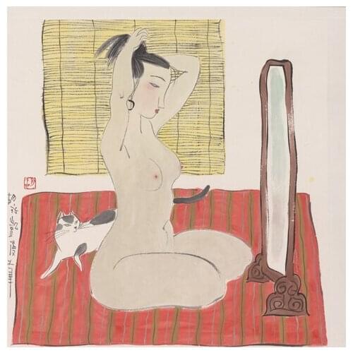 Free shipping classical Chinese girl nude comb hair cat oil painting canvas painting prints on canvas art decoration picture