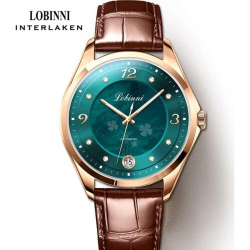 LOBINNI 2021 New Arrivals Fashion Ladies Mechanical Watch Unique Green Dial Lucky Clover Automatic Hand Watches For Woman