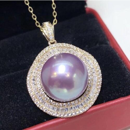 D118 Fine Jewelry 14K Gold Natural Fresh Water Purple Pearl 13-14mm Diamonds Pendant Necklaces for Women FIne Pearls Pendants