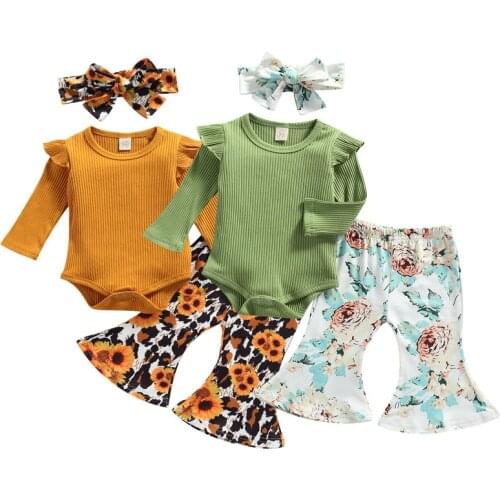 Baby Clothes Girl’s Tops and Trousers Suit Toddler Fresh Solid Color Long Sleeve Romper And Flower Trumpet Pants With Headband