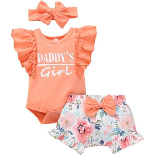 Childrens Clothing For Newborn Suit Fly Sleeve Letter Round Neck Cotton Romper Floral Bow Shorts Headband Baby Girl Clothes
