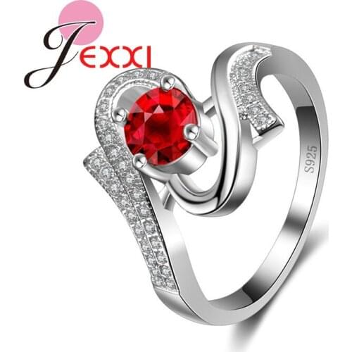Creative Design Twisted Stamp Silver Women Wedding Jewelry Fashion Red Crystal Rhinestone Propose Rings