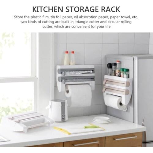 Kitchen Paper Holder 4-in-1 Wall-Mount Plastic Wrap Foil Dispenser Spice Storage Rack Organizer Paper Towel Holder
