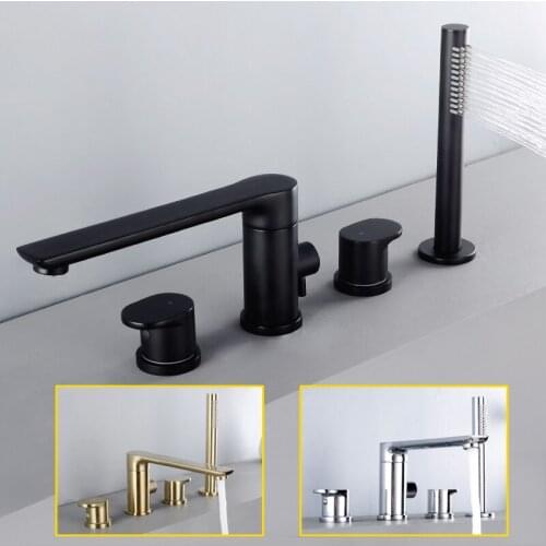 Brass Bathtub Faucet Deck Mounted 4 Holes Bathroom Tub Sink Mixers with Handshower Black Chrome Bath Tub Tap