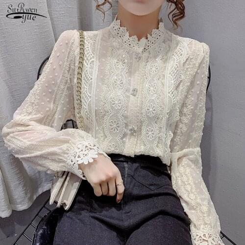 Fashion Long Sleeve Flower Crochet Stitching Blouse Women Sweet Loose Korean Top Spring Elegant Lace Chiffon Shirts Blusas 15996