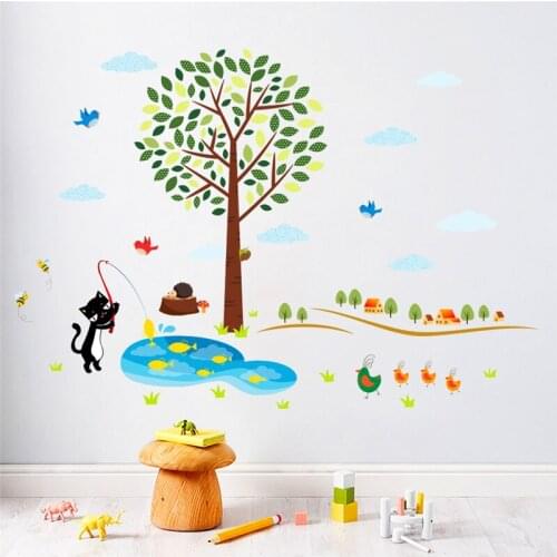 Lovely cat fishing birds tree wall decals 70*104cm diy removable wall art decoration kids room pvc cartoon wall stickers
