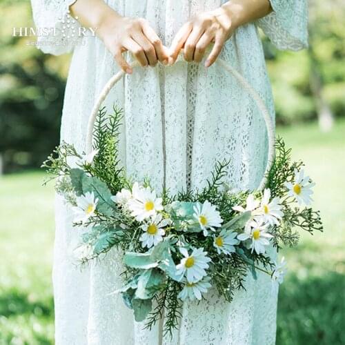 HIMSTORY White&Green Bridal Bouquet Artificial Small Daisies Flower Wreath Wall Hanging Garland Decoration For Wedding Bouquet
