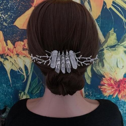 Witch raw crystal tree branch long hair comb crown hairpin witchcraft accessories party new year gift two ways to wear