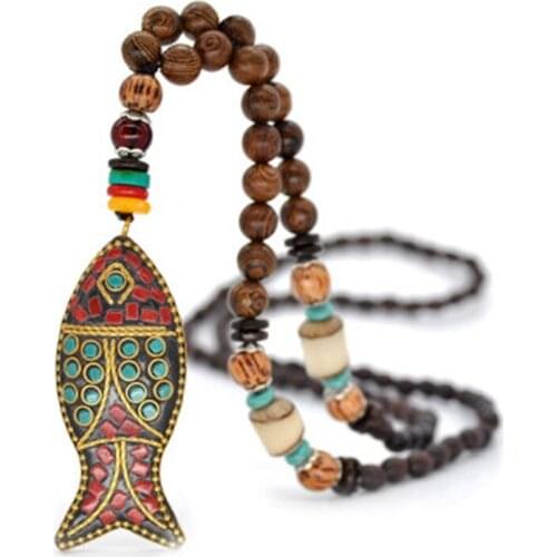 Handmade Nepal Necklace Buddhist Mala Wood Beads Pendant & Necklace Ethnic Horn Fish Long Statement Jewelry Women Men
