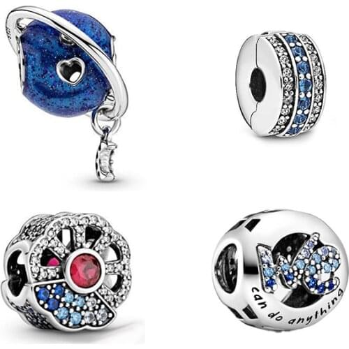 New 925 Sterling Silver Bead Rose Blue Planet Safety Chain Clip Dangle Charm Fit Pandora Bangle Bracelet DIY Women Jewelry