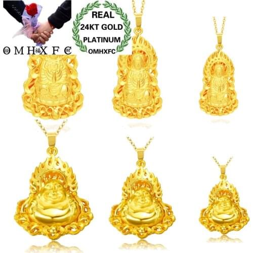 OMHXFC Wholesale European Fashion Woman Man Unisex Party Birthday Gift GuanYin Laugh Buddha 24KT Real Gold Charm Pendant PN228