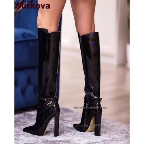 Surkova Black Patent Leather Chunky Heel Knee High Boots Pointed Toe Ankle Buckle Strap Embellished Banquet Shoes Size46 Pumps
