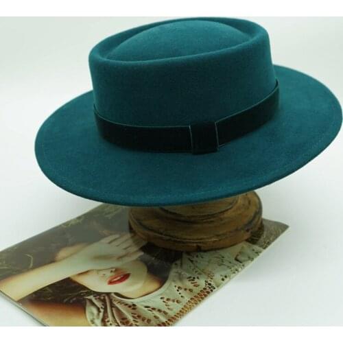 French Elegant Retro Blue-green Wool Concave Top Fall Winter Fedora Hat For Women Designer Custom Casual Felt Hat High Quality