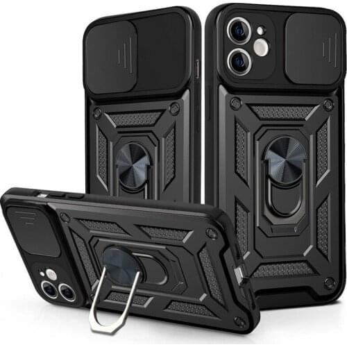 Military Kickstand Armor Case for iPhone 11 12 Pro Max XS X XR 7 8 6 Plus with Ring Sliding Camera Lens Protection Holder Cover