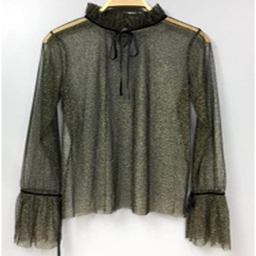 High-grade netting water sleeve fairy Shirt detachable turn down collar Original Transparent cotton wild autumn winter shirt