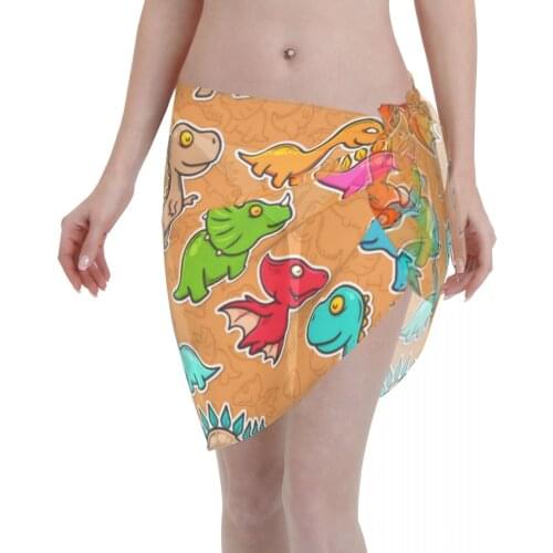 Womens Swim Wear Bikini Cover Up Colorful Dinosaur Beach Mini Wrap Skirt Sarong Pareo Shorts Summer Beachwear