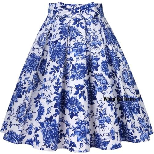 2021 Women Blue White Cotton Vintage Floral Skirt Faldas SS0012 Clothes Plus Size Jupe with Pockets Pleated Skater Midi Skirt