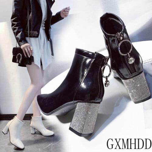 Square Toe Short Boots Woman 2020 Fall/Winter Shoes Women High Heeled Boots Rhinestone Chunky Heel Female Booties Large Size