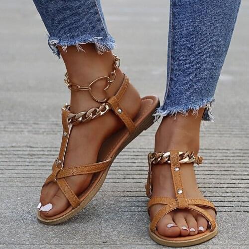 Metal Chain Womens Summer Sandals Roman Style Wedges Soft Casual Open Toe Beach Slippers Plus Size Flat Shoes