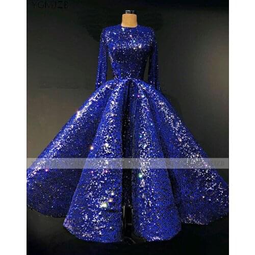 Women Puffy Prom Dresses Long Sleeve O Neck Blue Tea Length Sparkly Sequin Dubai Formal Party Evening Gowns 2020