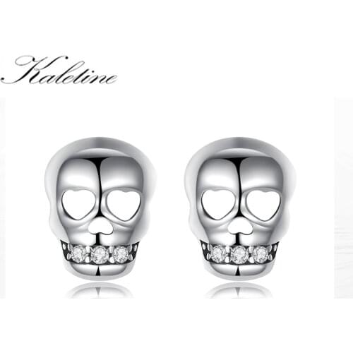 KALETINE 925 Sterling Silver Skull Charm Stud Earrings For Women Zircon Original Halloween Gift DIY Jewelry Gift for Girl
