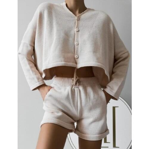 Women Mercerized Cotton Two Piece Sets Button V Neck Long Sleeve T-shirts And Drawstring Short Suits Casual Solid Female Outfits