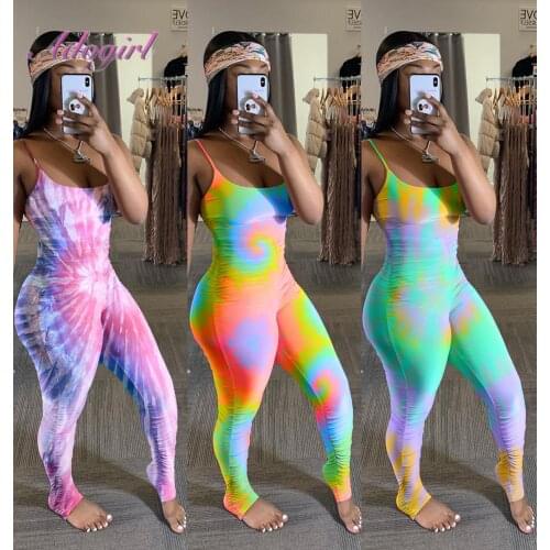 Sexy Tie Dye Print Spaghetti Backless Night Party Club Skinny Jumpsuit Women Outfit Streetwear Bandage Rompers Overalls Playsuit