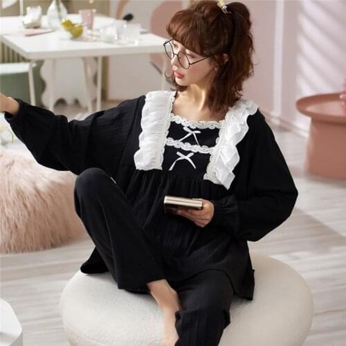 Women Pajamas Set Long Sleeve 2 Pieces Home Clothes Vintage Princess Style Cotton Sleepwear Kawaii Anime Maid Pyjama Lady Pijama