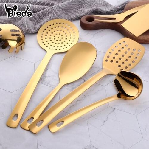 1pc Gold Kitchenware Set Long Soup Spoon Cooking Tools Metal Polish Mini Fork Slotted Turner Stainless Steel Kitchen Utensils