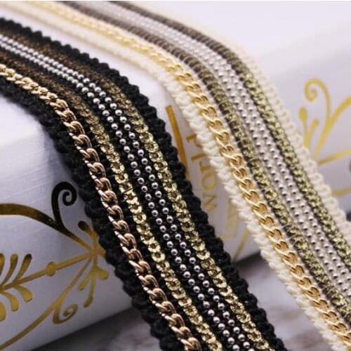 1Yard Gold Silver Beaded Chain Lace Trims Ribbon Vintage Fabric Paillette Sequined Lace Wedding Dress Dentelle Sewing Applique