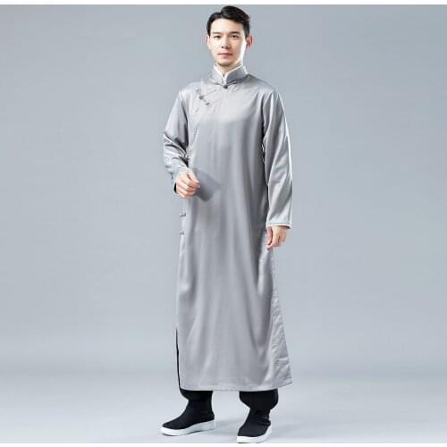 2021 four color Men’s Chinese vintage style Satin Long Shirt Mens 2021 New Tang style cross talk suit mandarin robe