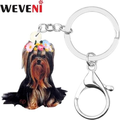 WEVENI Acrylic Flower Yorkshire Terrier Dog Key Chains Keychains Rings Cute Pet Jewelry For Women Girls Charms Gift Decoration