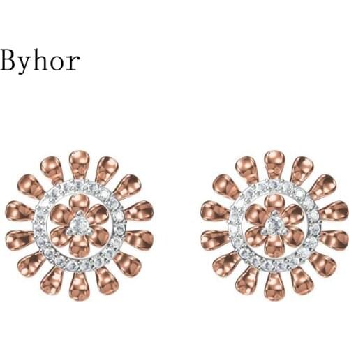 Byhor Solid 14K White/Yellow+White/Rose+White Gold 0.374ct H/SI Natural Diamonds Flower Stud Earrings Women Cерьги Fine Jewelry