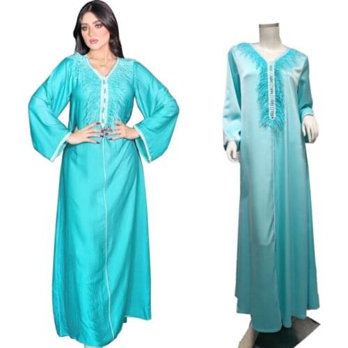 Djellaba Autumn Elegant Ethnic Maxi Muslim Dress for Women Fashion Dubai Feather V Neck Evening Gown Morocco Turkey Arabic Robe